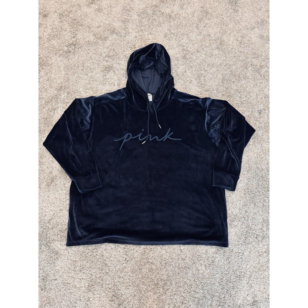 Victoria Secrets PINK Velour Hoodie Sweatshirt Logo Ensign Blue Navy Velvet  XXL